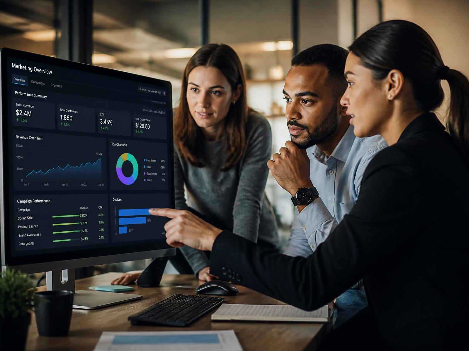Equipe analisando indicadores de marketing e tecnologia em um dashboard